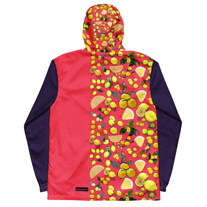 Men’s white windbreaker with all-over citrus storm print by Eccentric Chemistry’s Laboratory of Strange & Stylish Things.
