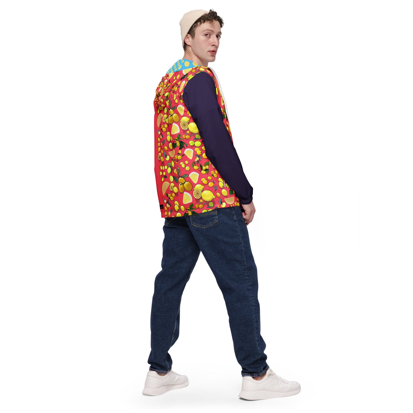 Men’s white windbreaker with all-over citrus storm print from Eccentric Chemistry’s Laboratory of Strange & Stylish Things.