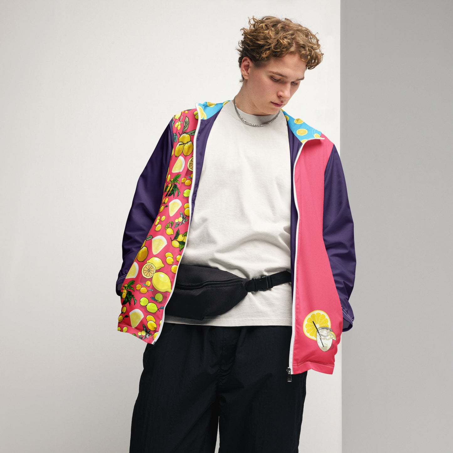 Men’s white windbreaker with all-over citrus storm print, stylish outdoor jacket from Eccentric Chemistry’s Laboratory of Strange & Stylish Things.