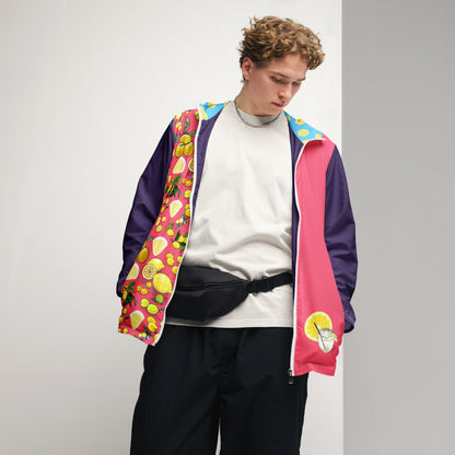 Men’s white windbreaker with all-over citrus storm print, stylish outdoor jacket from Eccentric Chemistry’s Laboratory of Strange & Stylish Things.