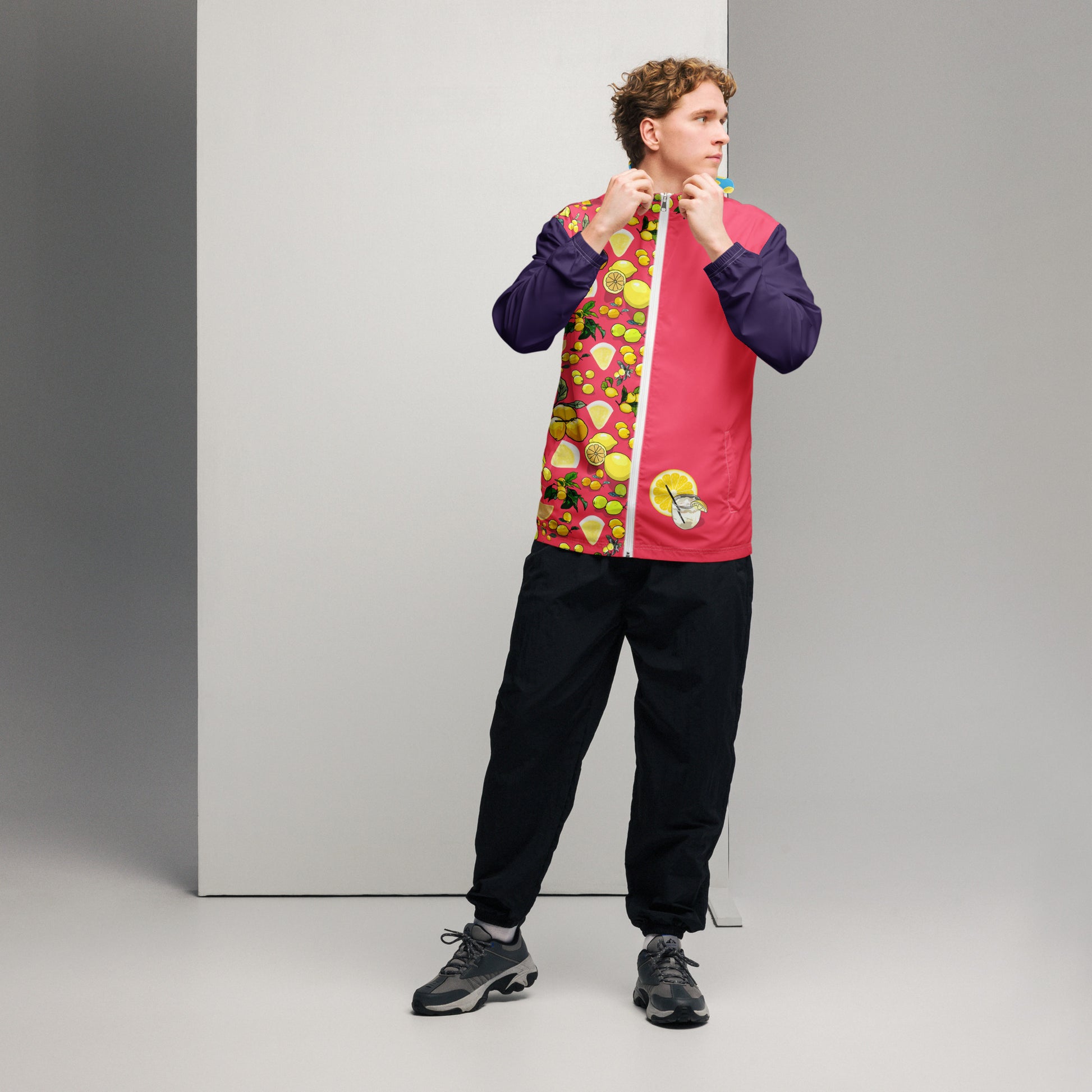 Men’s white windbreaker by Eccentric Chemistry with all-over citrus storm print, lightweight and stylish outdoor jacket.