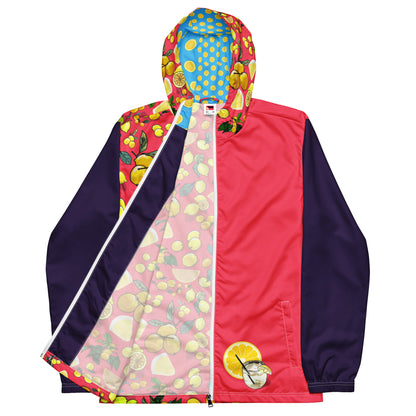 Men’s white windbreaker with citrus storm all-over print by Eccentric Chemistry, showcasing a stylish, lightweight, and weather-resistant jacket.