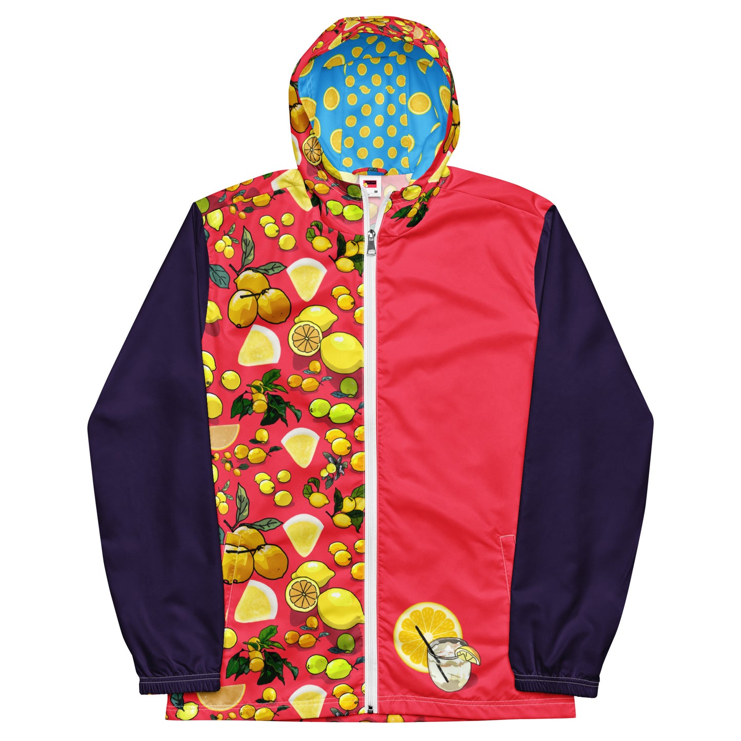Men’s white windbreaker with all-over citrus storm print, stylish and lightweight from Eccentric Chemistry’s laboratory collection.