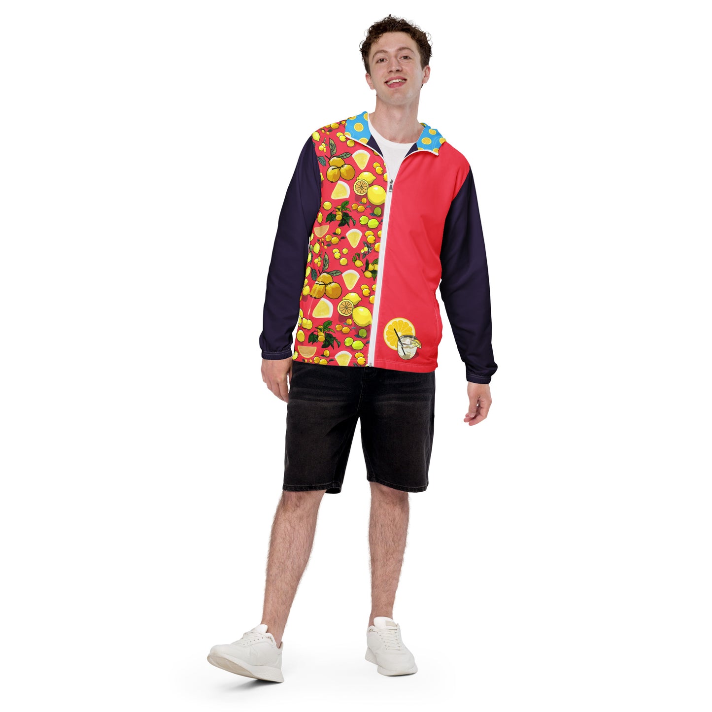 Men’s white windbreaker with all-over citrus storm print by Eccentric Chemistry, stylish and lightweight outdoor jacket.