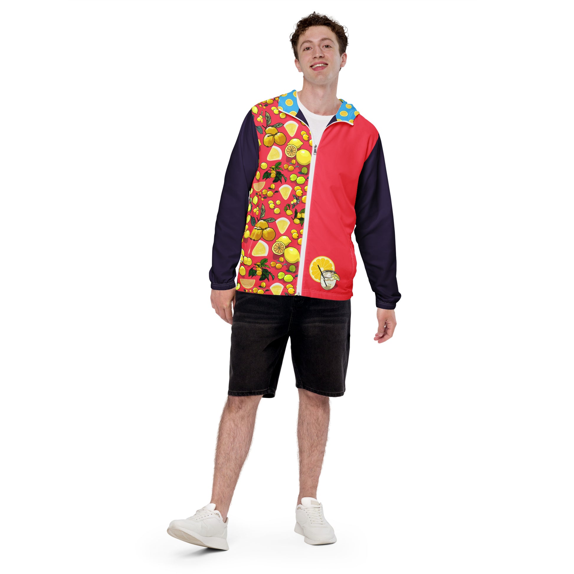 Men’s white windbreaker with all-over citrus storm print by Eccentric Chemistry, stylish and lightweight outdoor jacket.