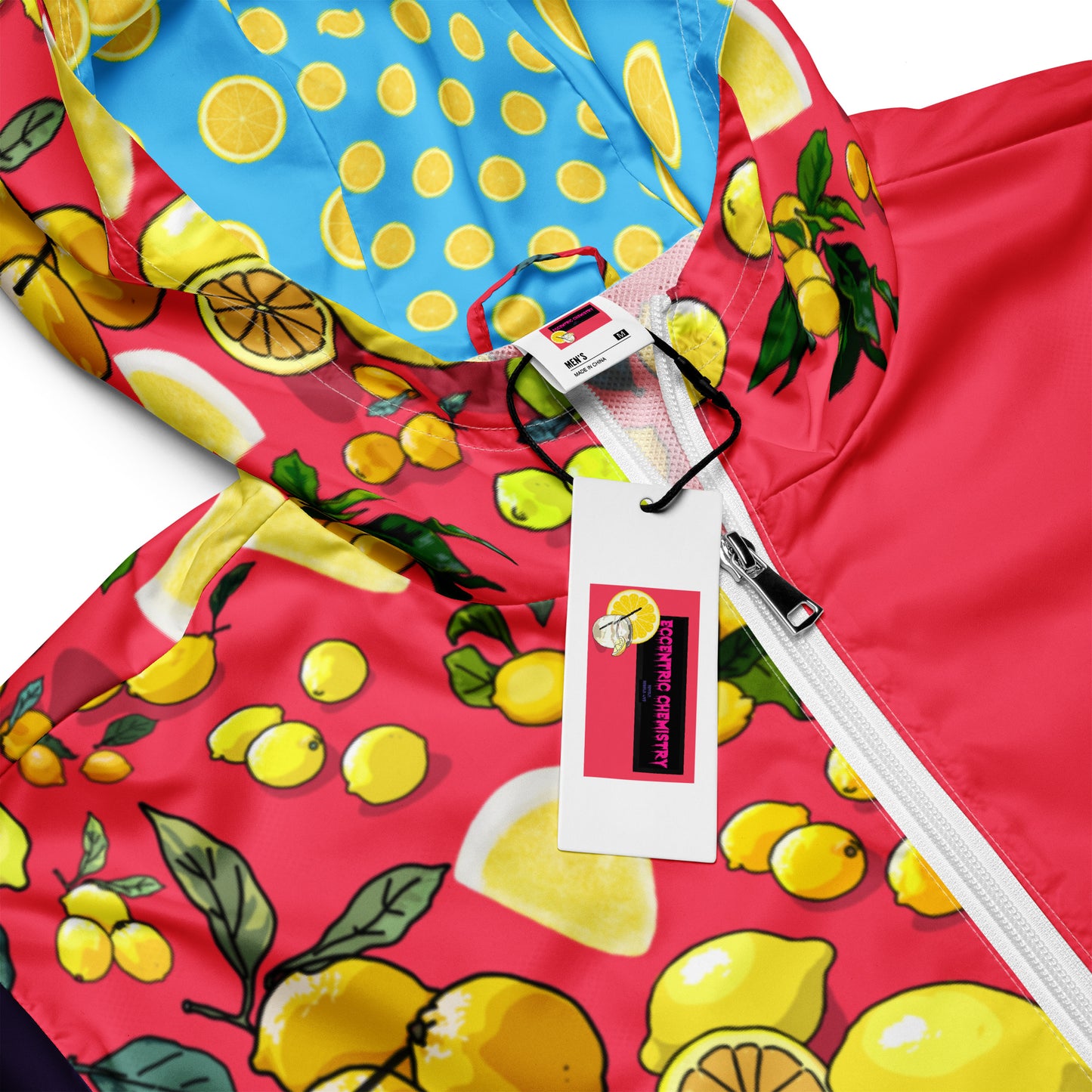 Men’s white windbreaker with all-over citrus storm print from Eccentric Chemistry’s Laboratory of Strange & Stylish Things.