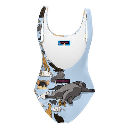 White one-piece swimsuit with all-over feline-themed print, designed for bio-suit style feline soul synchronization.
