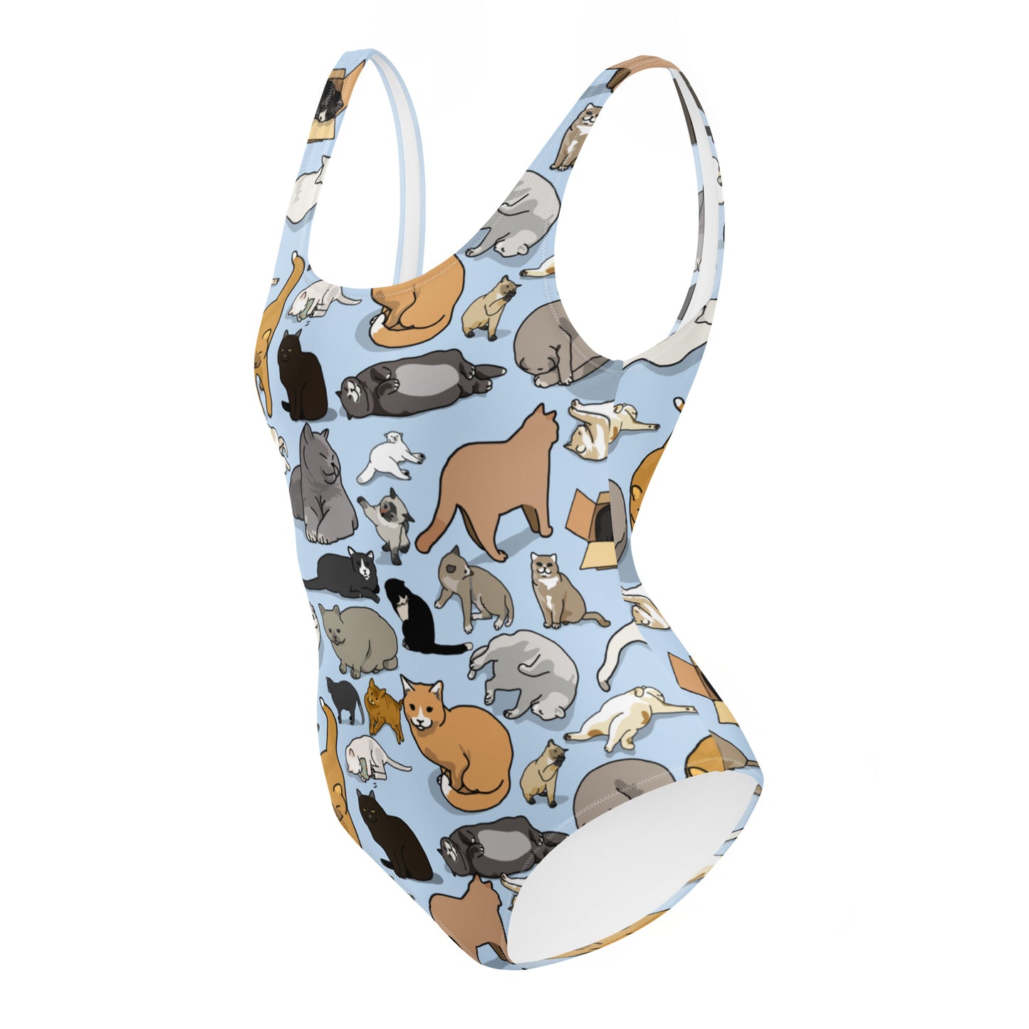 White one-piece feline swimsuit featuring an all-over print, designed for bio‑suit soul synchronization by Eccentric Chemistry.