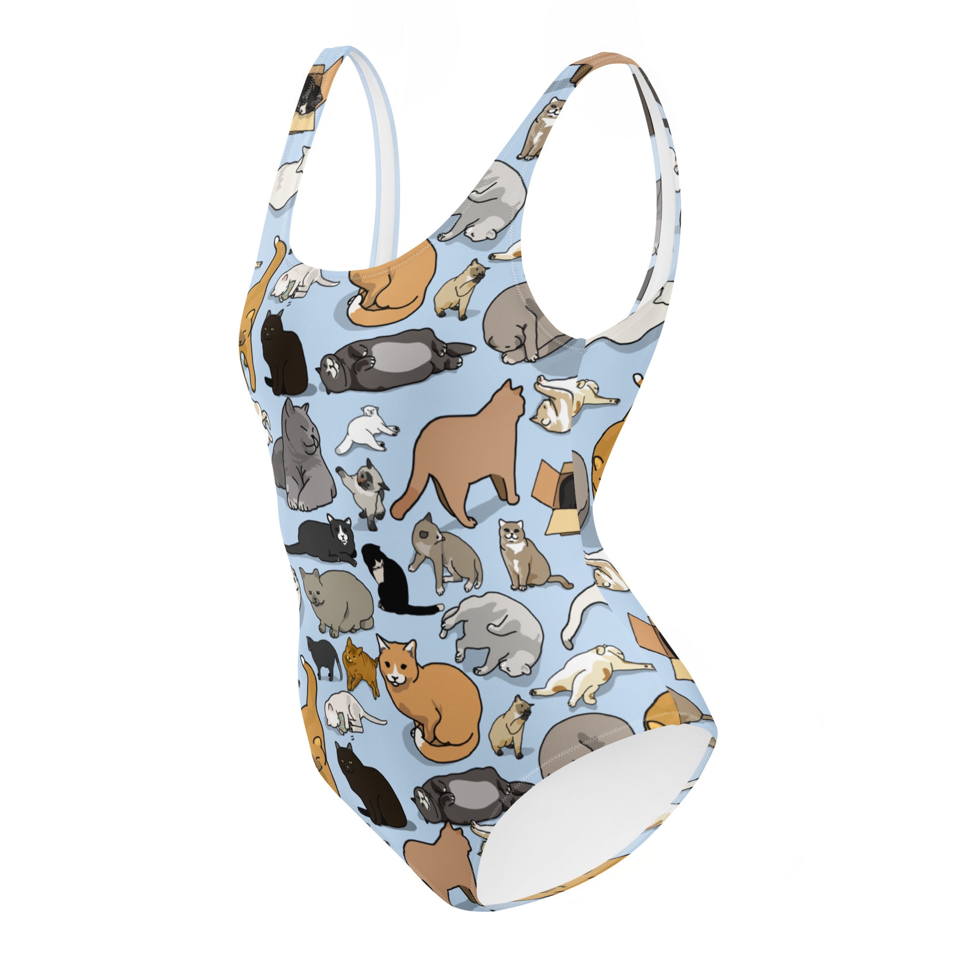 White one-piece feline swimsuit featuring an all-over print, designed for bio‑suit soul synchronization by Eccentric Chemistry.