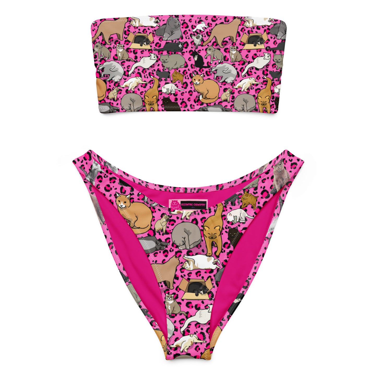Recycled pink bandeau bikini with purr-wave distortion print from Eccentric Chemistry's stylish swimwear collection, front view.