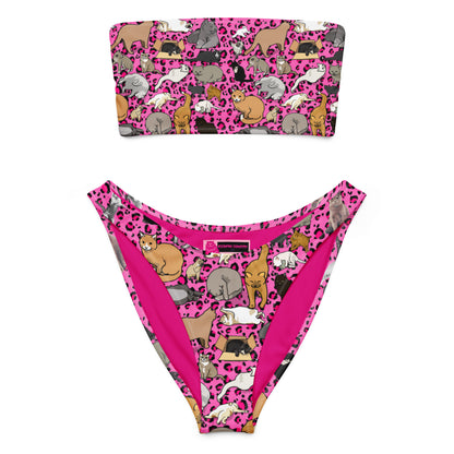 Recycled pink bandeau bikini with purr-wave distortion print from Eccentric Chemistry's stylish swimwear collection, front view.