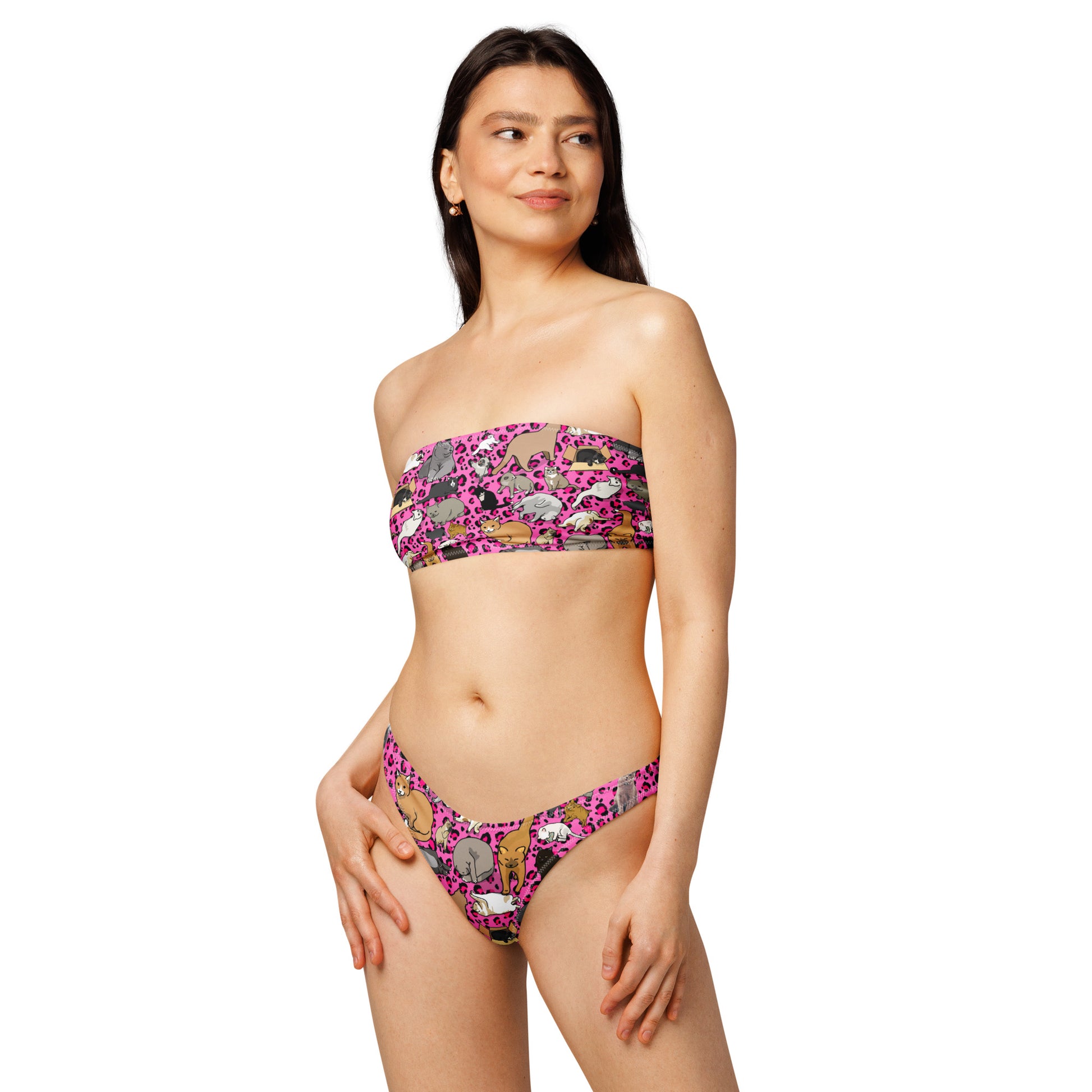 Eccentric Chemistry's pink recycled bandeau bikini with all-over pink purr-wave print, front view, stylish and eco-friendly swimwear.