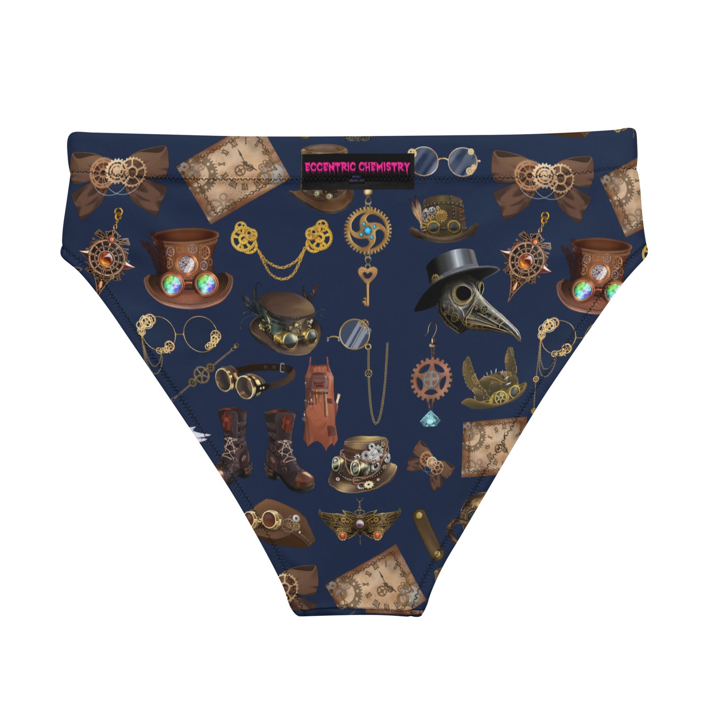 Women’s high-waisted bikini bottom with all-over print, made from recycled materials, featuring a stylish white back design.