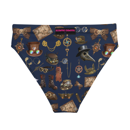 Women’s high-waisted bikini bottom with all-over print, made from recycled materials, featuring a stylish white back design.