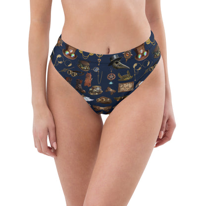 Women’s high-waisted bikini bottom with all-over recycled print from Eccentric Chemistry’s Steam Tide collection, white front view.