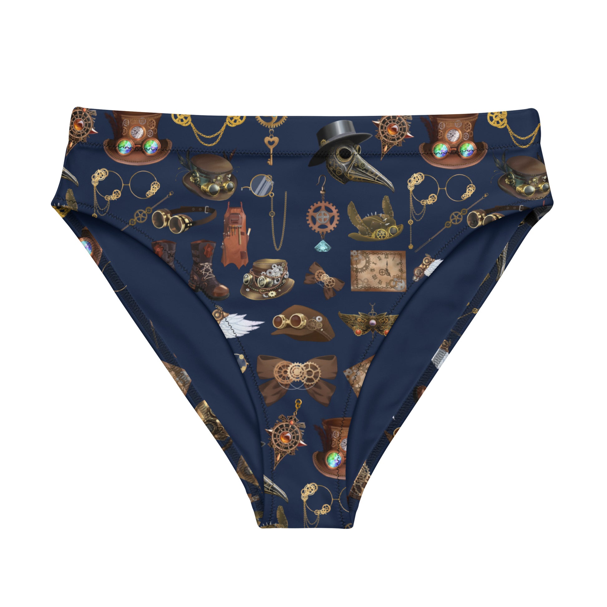 Women’s high-waisted bikini bottom with all-over print, made from recycled materials, by Eccentric Chemistry’s Laboratory of Strange & Stylish Things.