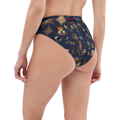 Women’s high-waisted bikini bottom with all-over white print, made from recycled materials, by Eccentric Chemistry’s Laboratory of Stylish Things.