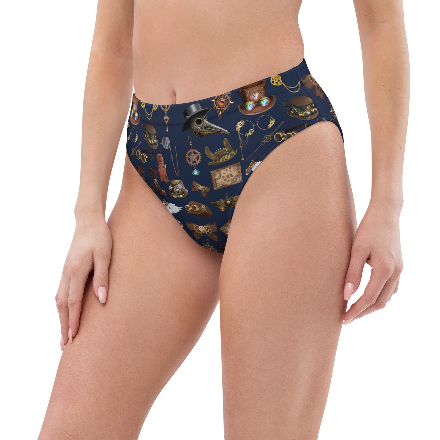 Women’s high-waisted bikini bottom with all-over white recycled print from Eccentric Chemistry’s Steam Tide Engineering Experiment collection.
