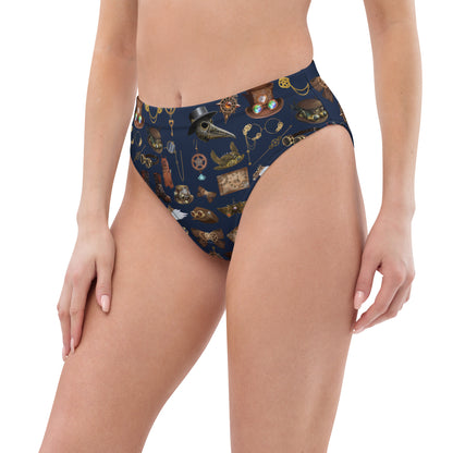 Women’s high-waisted bikini bottom with all-over white recycled print from Eccentric Chemistry’s Steam Tide Engineering Experiment collection.