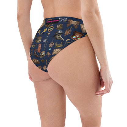 Women’s high-waisted bikini bottom with all-over white print, made from recycled materials, designed by Eccentric Chemistry.