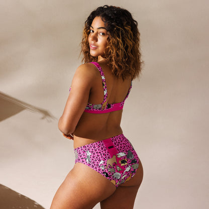 Recycled high-waisted bikini with all-over white print featuring colorful Meow-Mix Motion Matrix pattern, designed by Eccentric Chemistry.