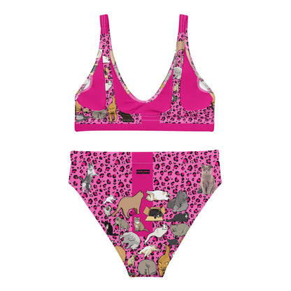 Recycled high-waisted bikini with all-over white and colorful print, designed by Eccentric Chemistry’s Laboratory of Strange & Stylish Things.