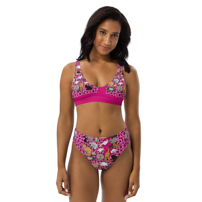 Recycled high-waisted bikini with all-over white print from Eccentric Chemistry’s Meow-Mix Motion Matrix Experiment collection.