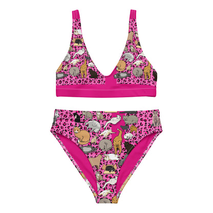 Recycled high-waisted bikini with white all-over print from Eccentric Chemistry’s Meow‑Mix Motion Matrix Experiment collection.