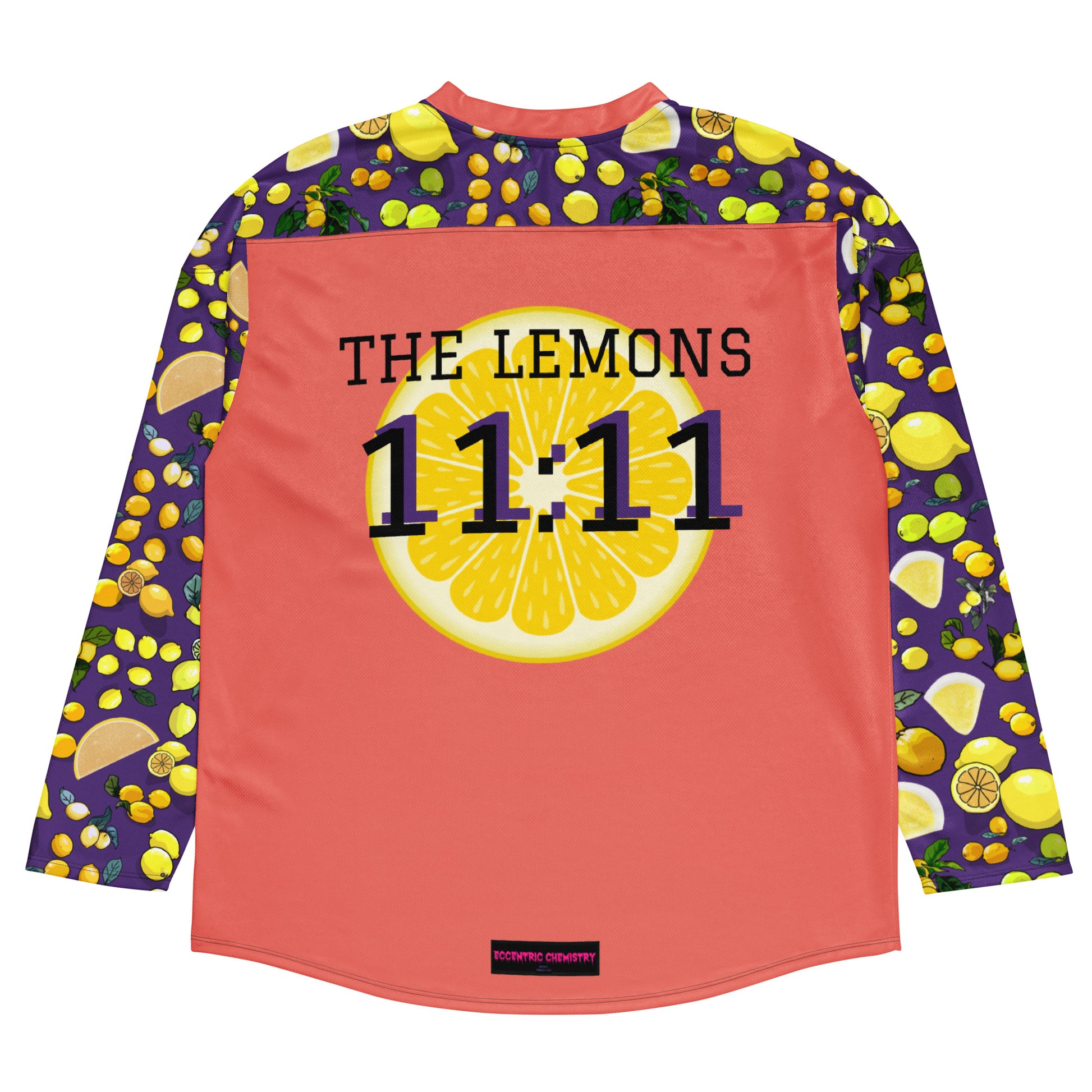 Unisex hockey fan jersey with lemon mixology print, all-over recycled design, white background, featuring bold graphics from Eccentric Chemistry.