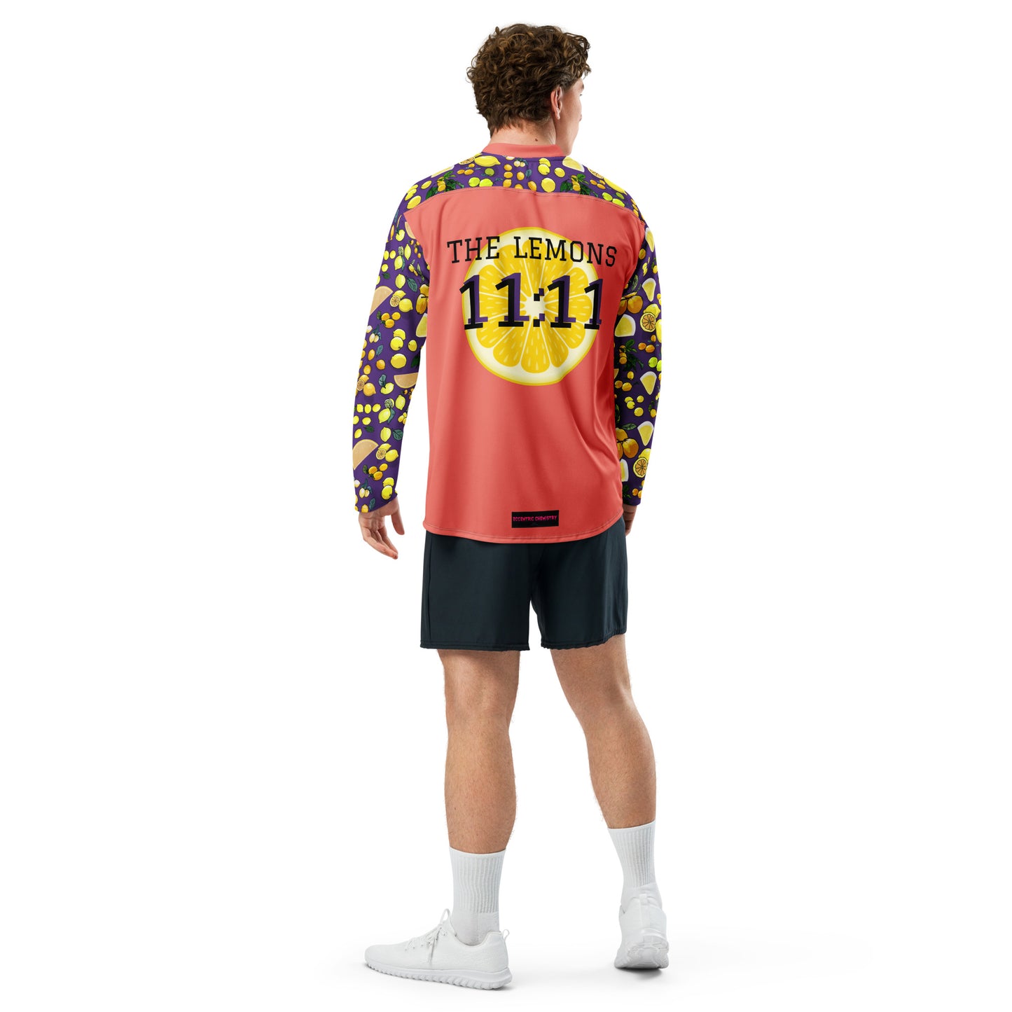 Unisex white hockey fan jersey with all-over lemon print, from Eccentric Chemistry's Laboratory of Strange & Stylish Things.