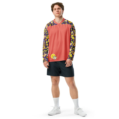 Unisex hockey fan jersey with lemon and mixology print, white recycled fabric, stylish all-over graphic, from Eccentric Chemistry.