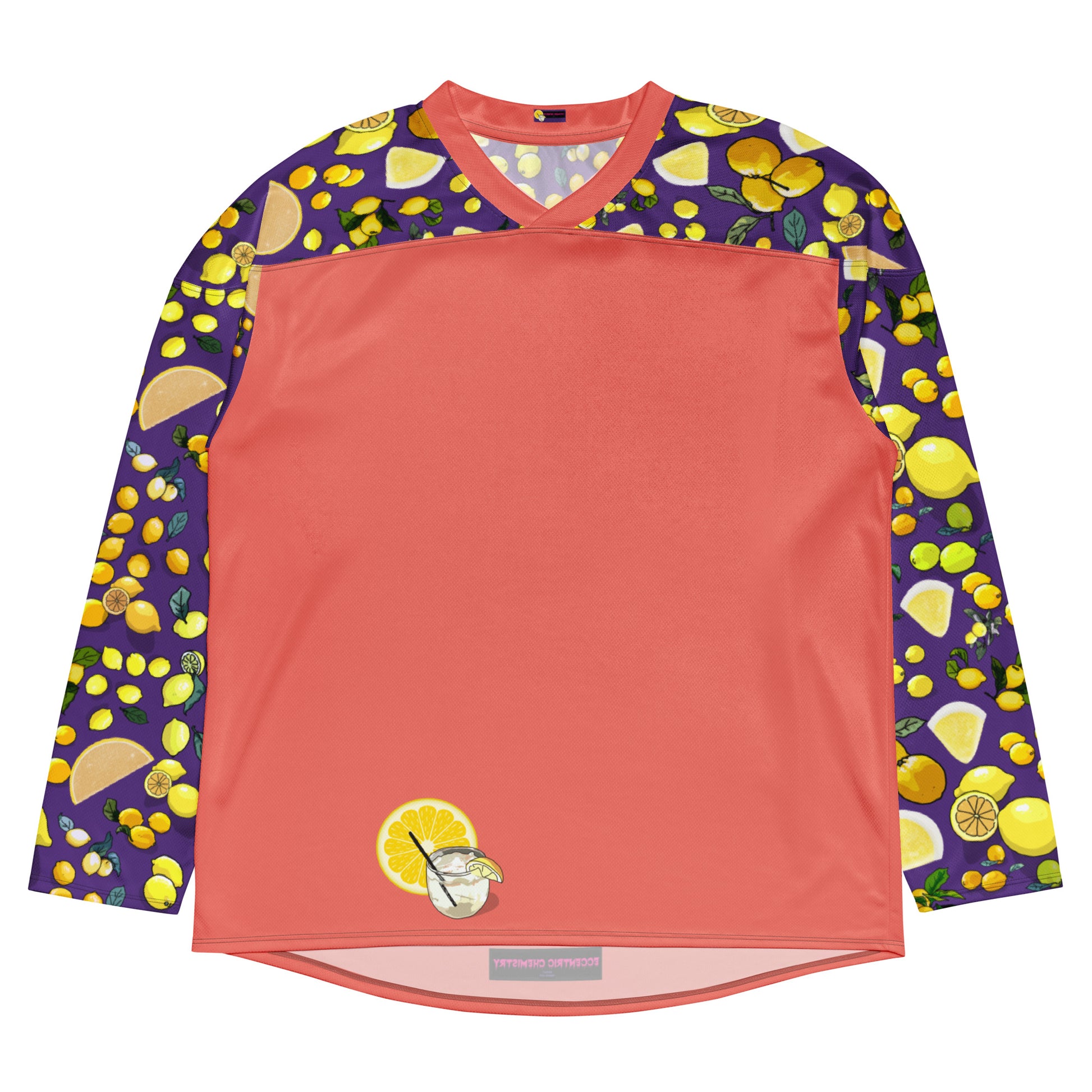 Unisex hockey fan jersey with lemon mixology print, white all-over design, stylish recycled material, from Eccentric Chemistry's collection.