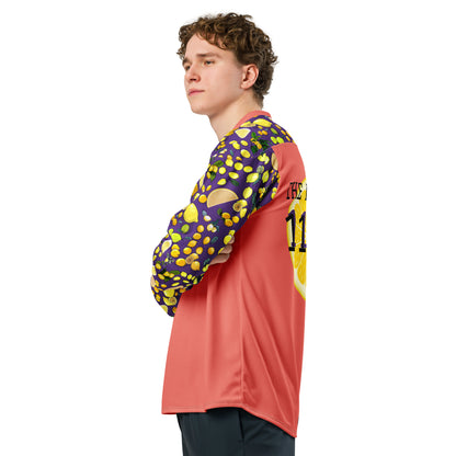 Unisex hockey fan jersey with lemon mixology print, all-over recycled fabric, white background, stylish sports apparel.