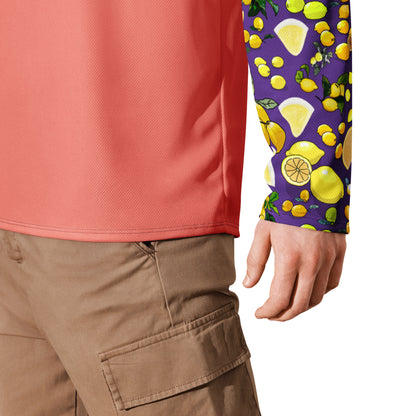 Unisex hockey fan jersey featuring lemon mixology pattern, all-over print on recycled fabric, stylish and vibrant sports apparel