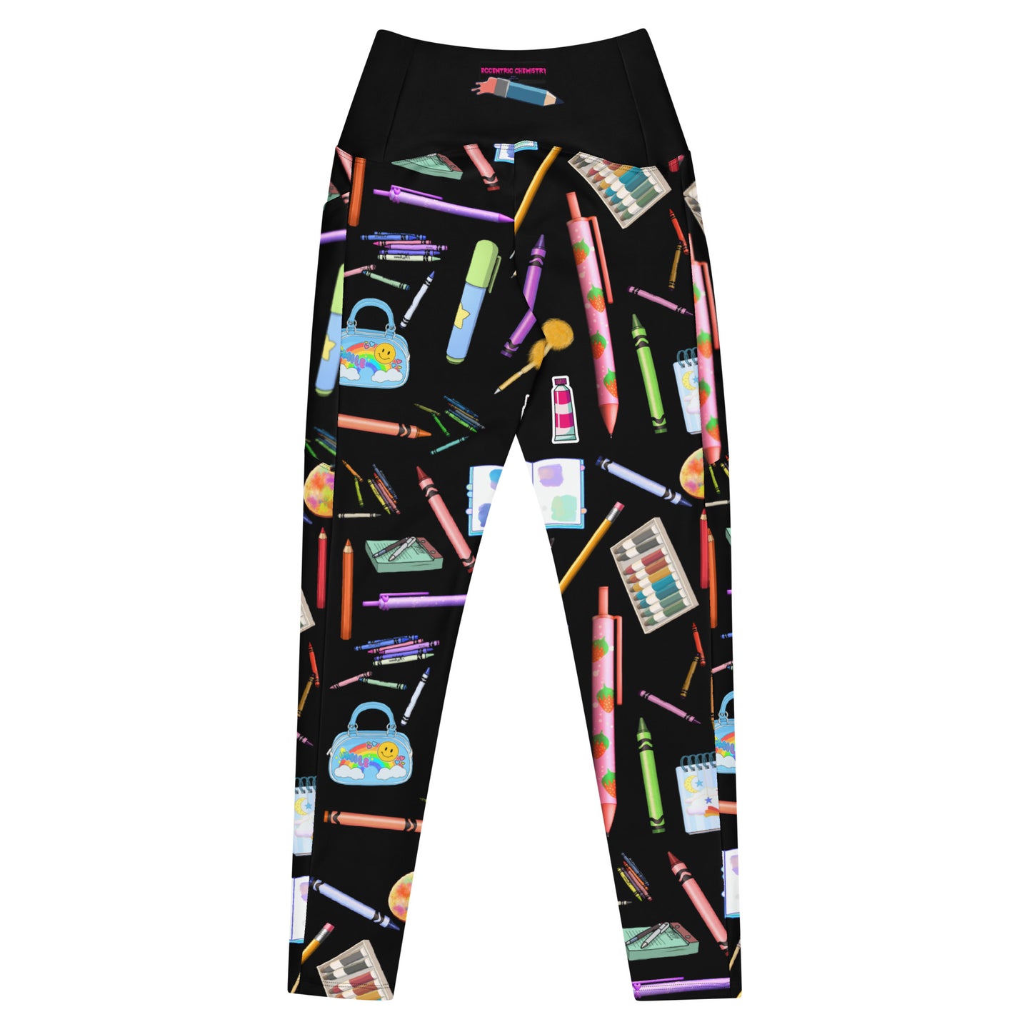 Women's recycled leggings with all-over sketch reactor experiment print and pockets, featuring a white background and stylish design.