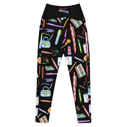 Women's recycled leggings with all-over sketch reactor experiment print and pockets, featuring a white background and stylish design.