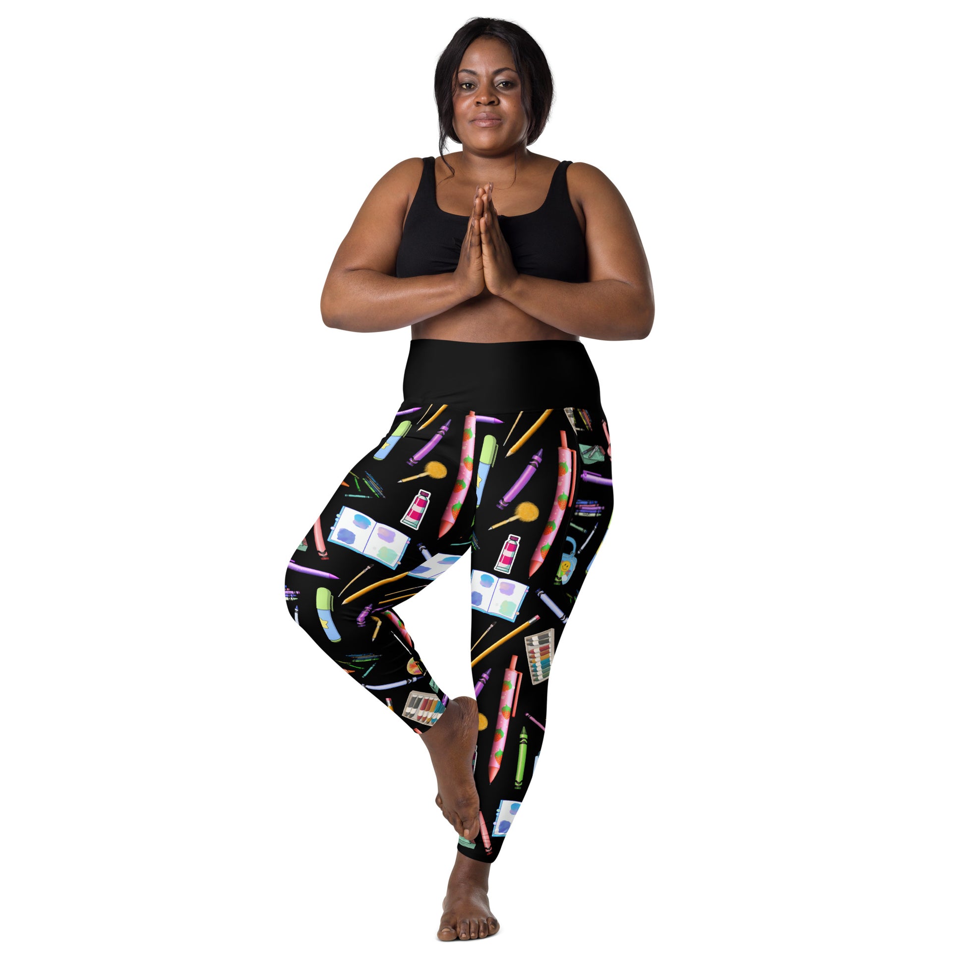 Women’s recycled leggings with pockets featuring a sketch reactor experiment print from Eccentric Chemistry’s Laboratory of Strange & Stylish Things.