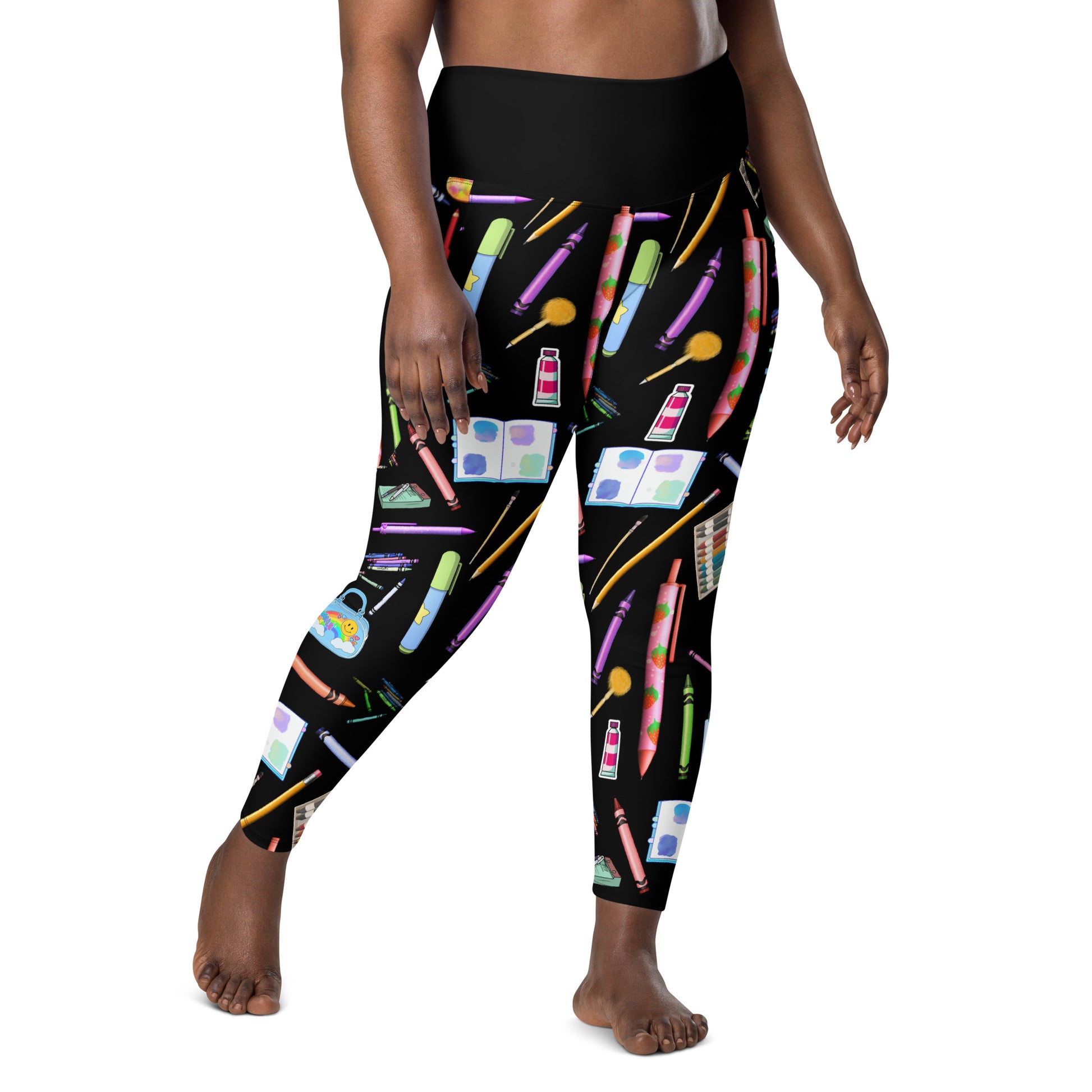 Women's recycled leggings with pockets featuring a white all-over sketch reactor experiment print by Eccentric Chemistry.