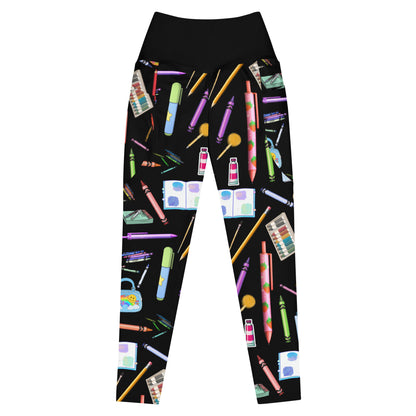 Women's recycled leggings with all-over print and pockets featuring sketch reactor experiment design by Eccentric Chemistry.