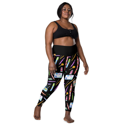 Women's recycled leggings with all-over white print and pockets, featuring a sketch reactor experiment design by Eccentric Chemistry.