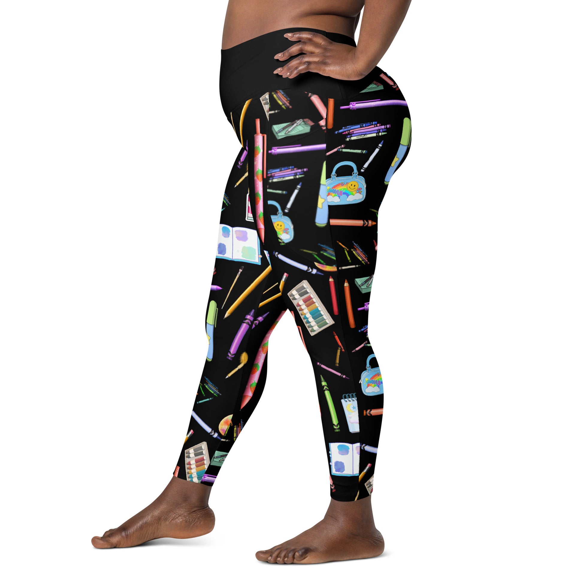 Women's recycled leggings with pockets featuring a sketch reactor experiment print from Eccentric Chemistry's Laboratory of Strange & Stylish Things.