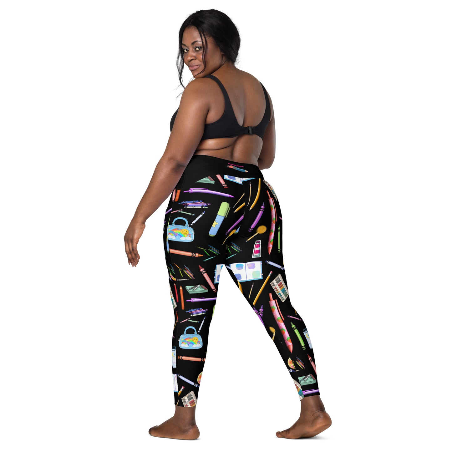 Eccentric Chemistry women's recycled leggings with all-over sketch reactor experiment print and side pockets, white background.