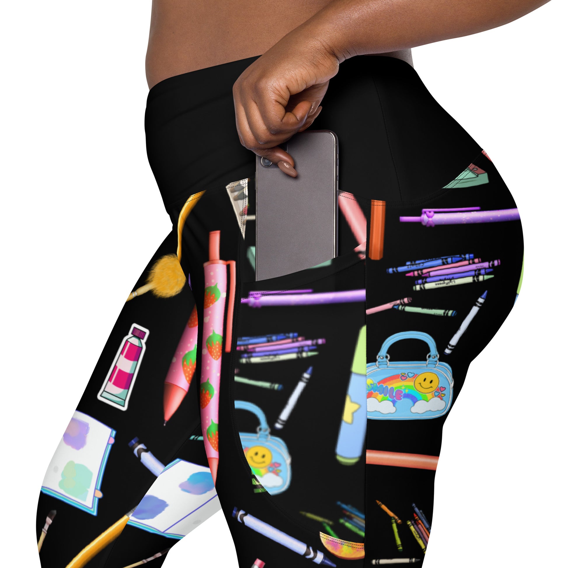 Women's recycled leggings with pockets featuring a white all-over print inspired by sketch reactor experiments from Eccentric Chemistry.