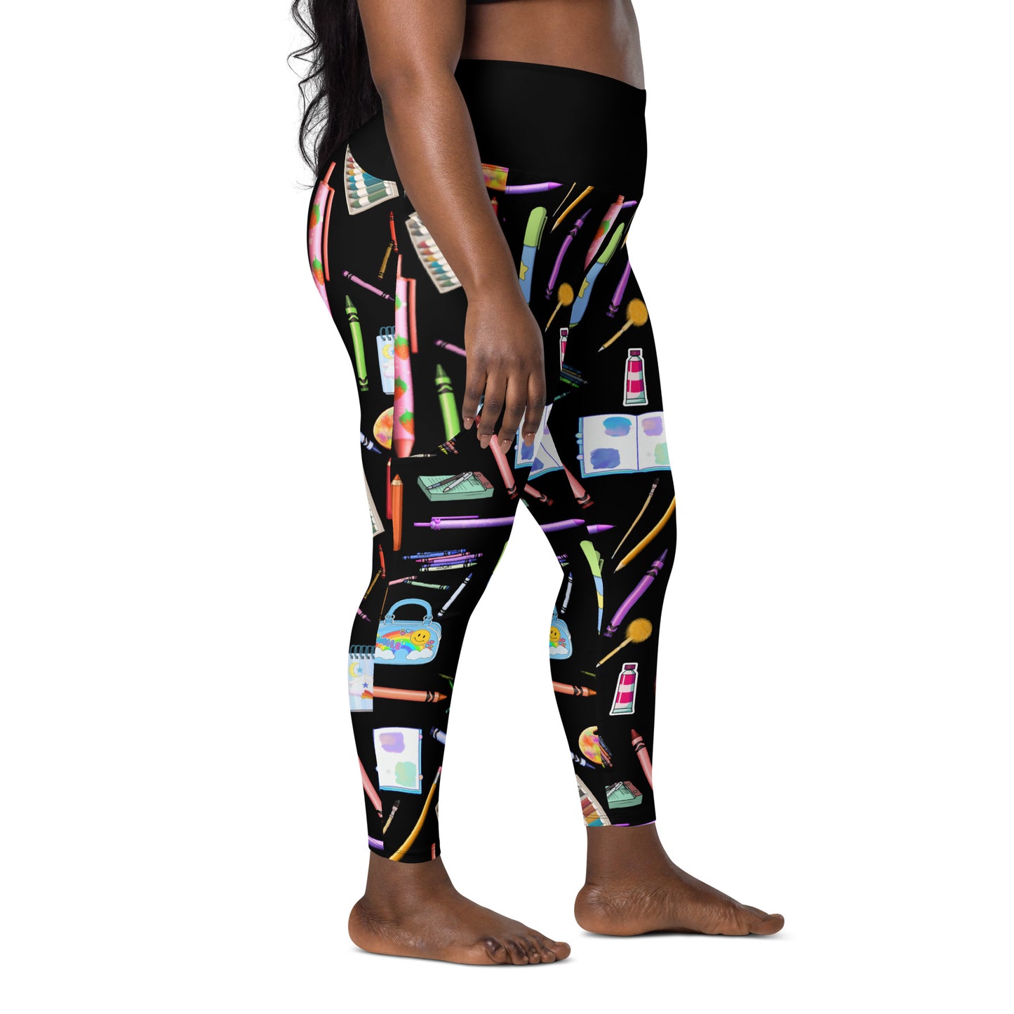 Women's recycled fabric leggings with a science-themed sketch reactor experiment print and practical pockets, by Eccentric Chemistry.