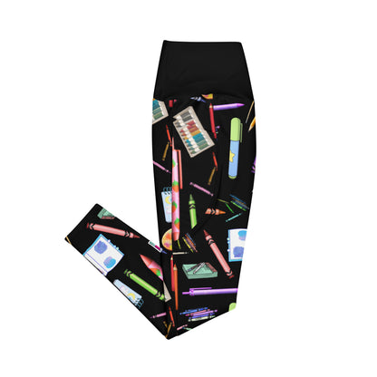 Women's recycled leggings with pockets featuring a white all-over sketch reactor experiment print, stylish and eco-friendly activewear.
