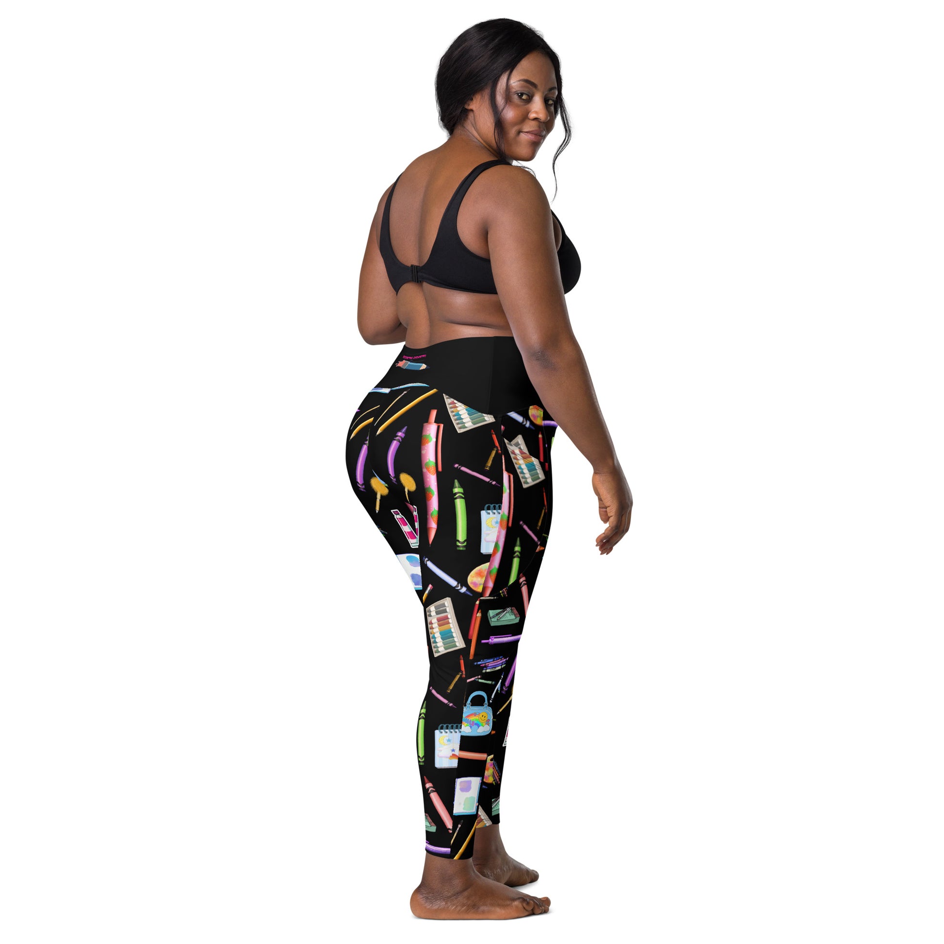 Women's recycled leggings with pocket print inspired by sketch reactor experiment, featuring all-over scientific design from Eccentric Chemistry.