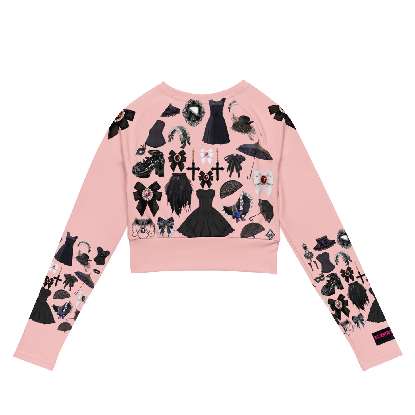 Pink Gothic Gear women's recycled long sleeve crop top with all-over print, stylish cut-sew design from Eccentric Chemistry Laboratory.