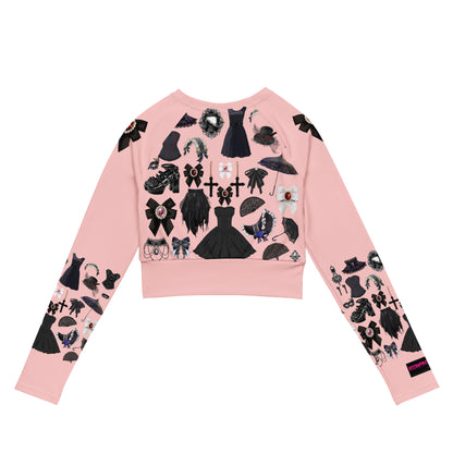 Pink Gothic Gear women's recycled long sleeve crop top with all-over print, stylish cut-sew design from Eccentric Chemistry Laboratory.