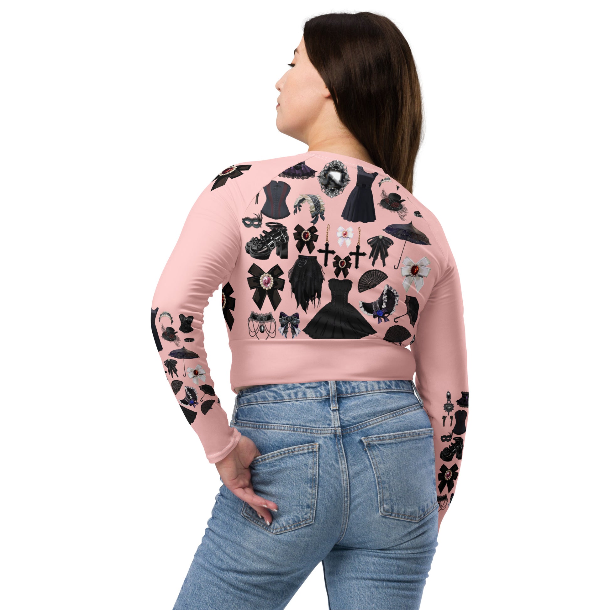 Pink Gothic Gear women's recycled long sleeve crop top with all-over print, featuring a stylish experimental design from Eccentric Chemistry.