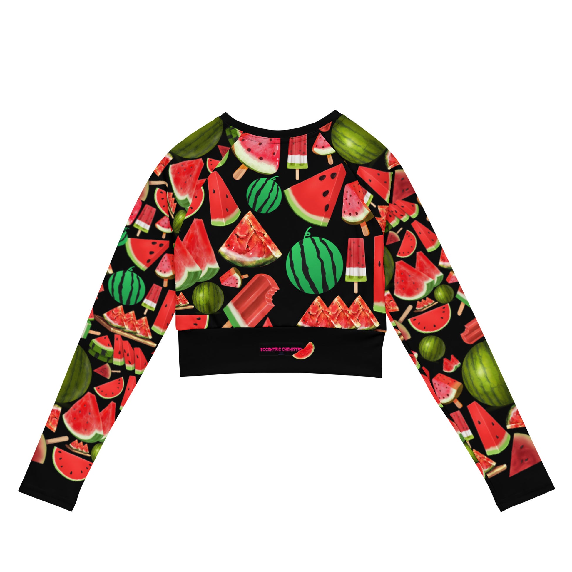 Women's recycled long sleeve crop top with watermelon print, white background, from Eccentric Chemistry's Tiny Shop of T-Shirt Horrors.